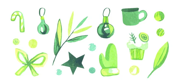 Ein Aquarellgrünes Set Von Illustrationen Für Weihnachten Sammlung Von Bildern — Stockfoto