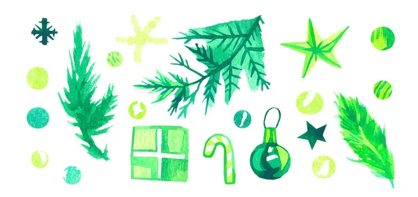 Akvarell Zöld Illusztrációk Karácsonyra Gyűjteménye Képek Hópihe Ajándékok Csillag Nyalóka — Stock Fotó