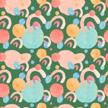 Daireler ve şekillerle suluboya desensiz. Yeşil izole edilmiş arka planda güneş deseni. Bebek odaları, duvar kağıtları, tekstil, atkılar, eşarplar için tasarımlar..