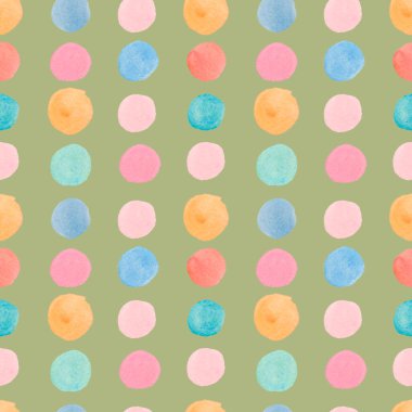 Daireler ve şekillerle suluboya desensiz. Yeşil izole edilmiş arka planda güneş deseni. Bebek odaları, duvar kağıtları, tekstil, atkılar, eşarplar için tasarımlar..