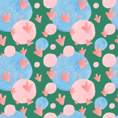 Daireler ve şekillerle suluboya desensiz. Yeşil izole edilmiş arka planda güneş deseni. Bebek odaları, duvar kağıtları, tekstil, atkılar, eşarplar için tasarımlar..