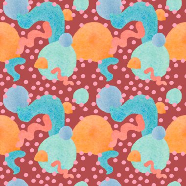 Suluboya desensiz dairesel ve şekilli motifler. Kırmızı izole edilmiş el boyalı arka planda çocuklar için güneş dokusu. Bebek odası, duvar kağıtları, tekstil, atkılar, atkılar için tasarımlar..