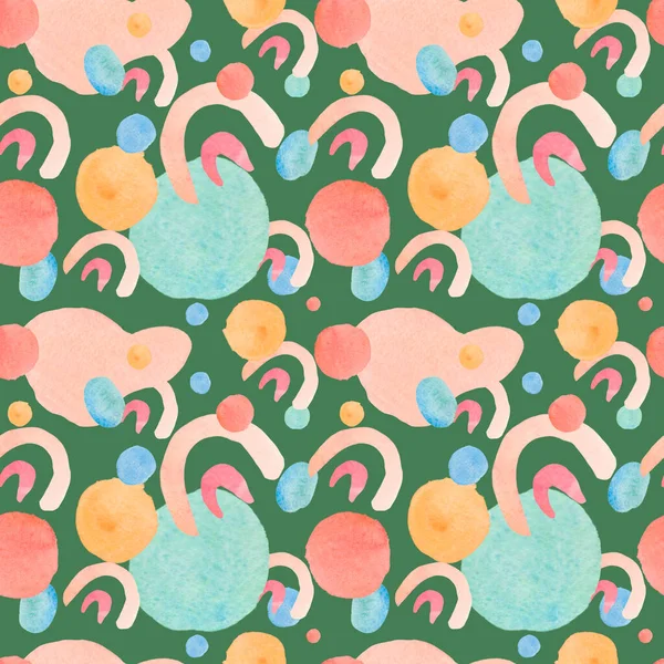 Daireler ve şekillerle suluboya desensiz. Yeşil izole edilmiş arka planda güneş deseni. Bebek odaları, duvar kağıtları, tekstil, atkılar, eşarplar için tasarımlar..