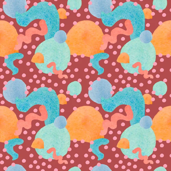 Suluboya desensiz dairesel ve şekilli motifler. Kırmızı izole edilmiş el boyalı arka planda çocuklar için güneş dokusu. Bebek odası, duvar kağıtları, tekstil, atkılar, atkılar için tasarımlar..