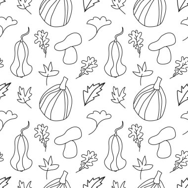 Beyaz yalıtılmış arka planda kusursuz el çizimi sonbahar şablonu. Kabak, mantar, siyah çizgili karalama tarzı yapraklar. Paketleme kağıdı, tekstil, ambalaj için tasarım..