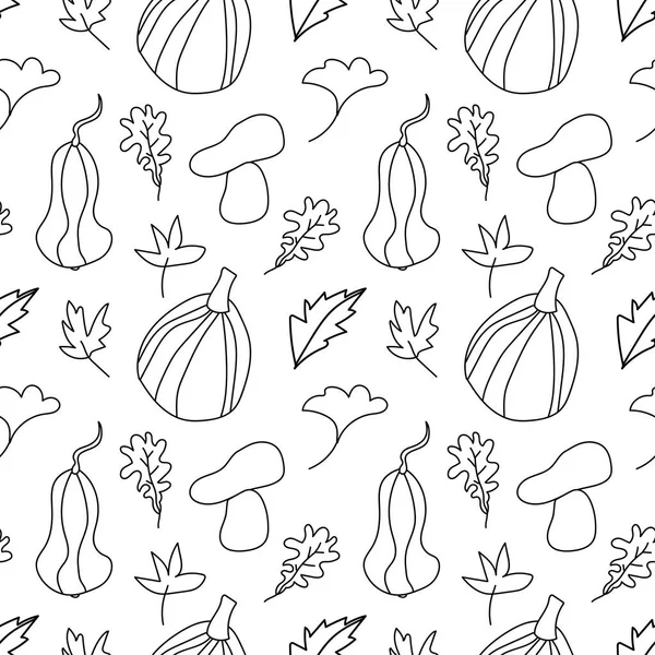 Бесшовный Векторный Осенний Рисунок Белом Изолированном Фоне Печать Тыквами Грибами — стоковый вектор