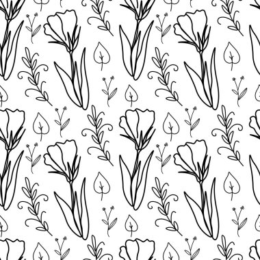 Siyah beyaz, çiçekli, dallı ve bereli vektörsüz desen. Karalama stili el yazısı beyaz izole arkaplana çizilmiş. Tekstil, duvar kağıdı, ağ, ambalaj için dizayn edilmiş..