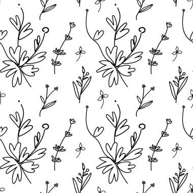 Siyah beyaz, çiçekli, dallı ve bereli vektörsüz desen. Karalama stili el yazısı beyaz izole arkaplana çizilmiş. Tekstil, duvar kağıdı, ağ, ambalaj için dizayn edilmiş..