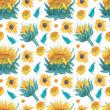 Güneş çiçekleri ile suluboya desensiz sonbahar deseni. Beyaz yalıtılmış arka plan el boyalı botanik baskısı. Tekstil, duvar kağıdı, ambalaj, düğün davetiyeleri, yapıştırma defteri, ambalaj kağıdı..