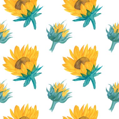 Güneş çiçekleri ile suluboya desensiz sonbahar deseni. Beyaz yalıtılmış arka plan el boyalı botanik baskısı. Tekstil, duvar kağıdı, ambalaj, düğün davetiyeleri, yapıştırma defteri, ambalaj kağıdı..