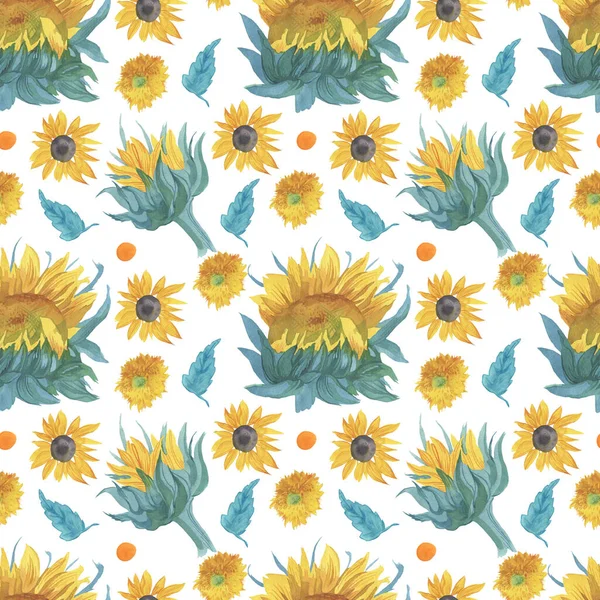 Watercolor Seamless Fall Pattern Sunflowers Botanical Print White Insulated Background — Stock Photo, Image