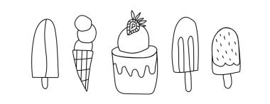 Beyaz izole edilmiş arkaplanda karalama tarzında dondurma seti. Soğuk tatlı siyah çizgili el çizimleri koleksiyonu. Sosyal medya, kartlar, internet, ambalaj, düğün davetiyeleri için tasarımlar..