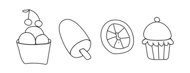 Beyaz izole edilmiş arkaplanda karalama tarzında dondurma seti. Soğuk tatlı siyah çizgili el çizimleri koleksiyonu. Sosyal medya, kartlar, internet, ambalaj, düğün davetiyeleri için tasarımlar..