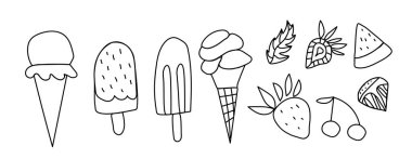 Beyaz izole edilmiş arkaplanda karalama tarzında dondurma seti. Soğuk tatlı siyah çizgili el çizimleri koleksiyonu. Sosyal medya, kartlar, internet, ambalaj, düğün davetiyeleri için tasarımlar..