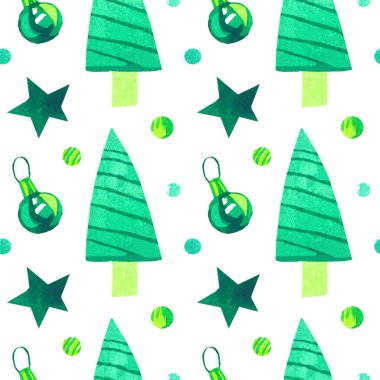 Beyaz izole edilmiş arka planda Noel elementleri ile suluboya yeşil desen. Noel oyuncağı, yıldızlar, konfeti, ağaç eli boyalı şölen baskısı. Paket kağıdı, tekstil, ambalaj tasarımı..