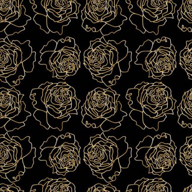 Siyah yalıtılmış arka planda altın güllü çiçeklerle kusursuz vektör deseni. Karalama stili el yazısıyla süslü, botanik baskısı. Kağıt, tekstil, ambalaj, kumaş, kumaş, sosyal medya, web tasarımı..
