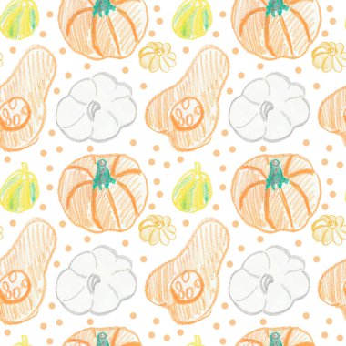 Balkabağı kabaklı kusursuz desenler. Şükran Günü için pastel boya ve beyaz izole arka plan. Tekstil, ambalaj, ambalaj kağıdı ve kartlar için tasarımlar..