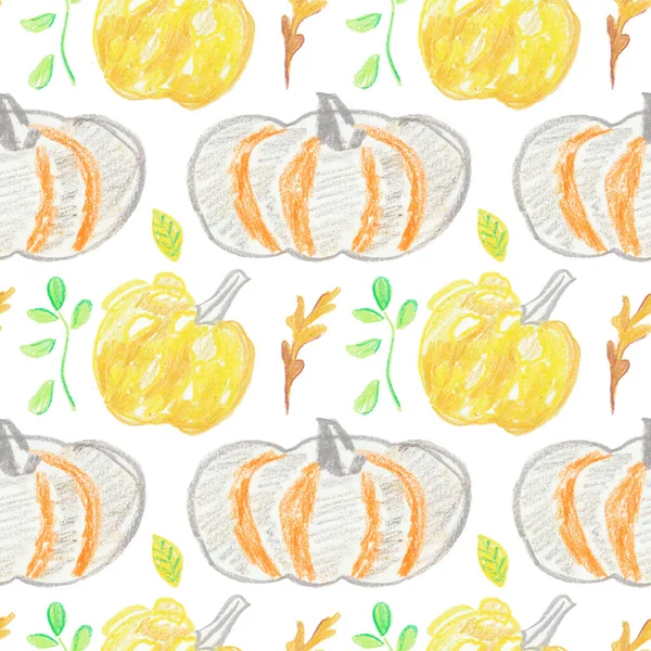 Nahtlose Muster Mit Herbst Kürbissen Von Hand Wachsmalstiften Gezeichnet Lebensmitteldruck — Stockfoto