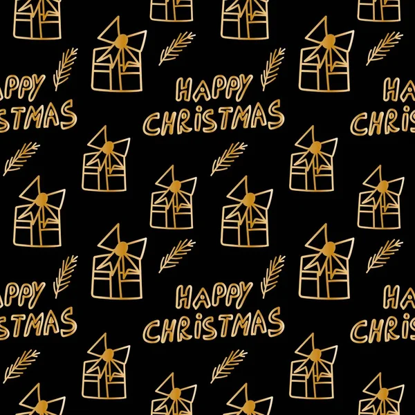 Patrón Vectorial Sin Costuras Con Letras Navideñas Alegres Regalos Ramas — Vector de stock