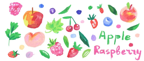 Set Von Erdbeeren Kirschen Schriftzügen Äpfeln Blättern Pfirsichen Ölkreiden Doodle — Stockfoto