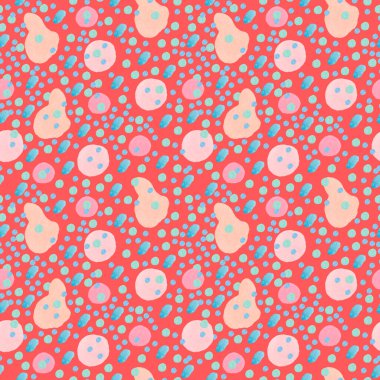 Kırmızı izole edilmiş arka planda suluboya, dikişsiz benekli desen. İzole edilmiş beyaz el üzerinde soyut ve dokusal baskı. Tekstil, ambalaj kağıdı, ambalaj kağıdı, ambalaj için tasarımlar..