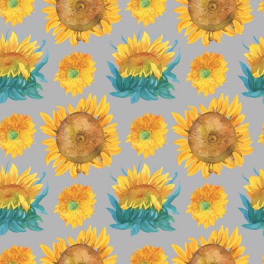 Gri arka planda sarı ayçiçekleri olan kusursuz suluboya deseni. Sonbahar ve botanik el izi