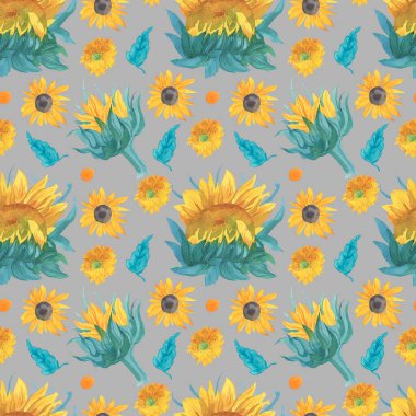 Gri arka planda sarı ayçiçekleri olan kusursuz suluboya deseni. Sonbahar ve botanik el izi