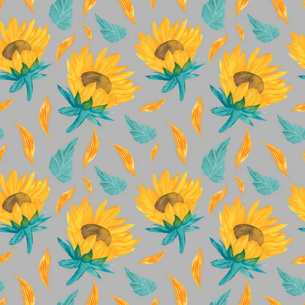 Watercolor Seamless Pattern Yellow Sunflowers Gray Background Autumn Botanical Hand — Stock Photo, Image