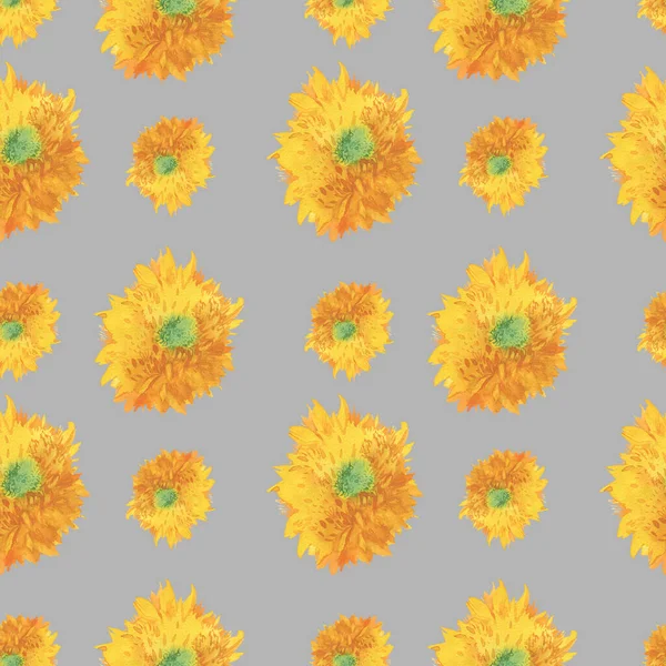Watercolor Seamless Pattern Yellow Sunflowers Gray Background Autumn Botanical Hand — Stock Photo, Image