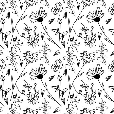 Beyaz yalıtılmış elde çiçekli vektörsüz desen. Botanik, İlkbahar, Yaz karalama tarzı siyah çizgi baskısı. Tekstil, fabik, ambalaj kağıdı, ambalaj kağıdı, web, davetiyeler için tasarım.