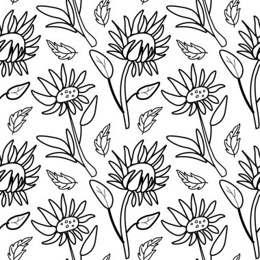 Beyaz yalıtılmış elde çiçekli vektörsüz desen. Botanik, İlkbahar, Yaz karalama tarzı siyah çizgi baskısı. Tekstil, fabik, ambalaj kağıdı, ambalaj kağıdı, web, davetiyeler için tasarım.