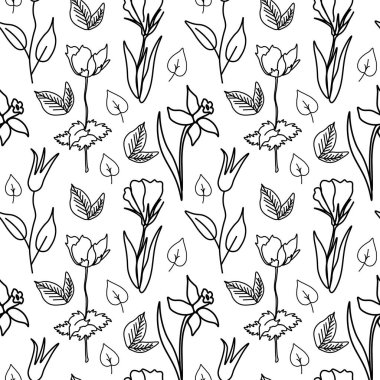 Beyaz yalıtılmış elde çiçekli vektörsüz desen. Botanik, İlkbahar, Yaz karalama tarzı siyah çizgi baskısı. Tekstil, fabik, ambalaj kağıdı, ambalaj kağıdı, web, davetiyeler için tasarım.
