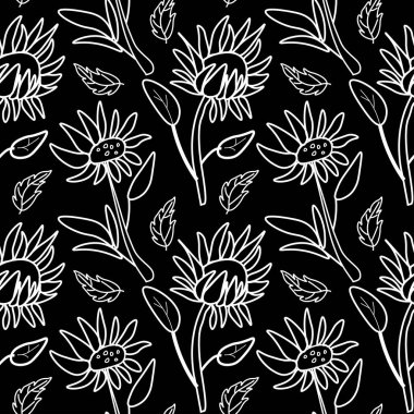 Siyah izole edilmiş el üzerinde ayçiçekleri olan vektörsüz desen. Botanik, İlkbahar, Yaz, karalama tarzı beyaz çizgi baskısı. Tekstil, fabik, ambalaj kağıdı, davetiye.
