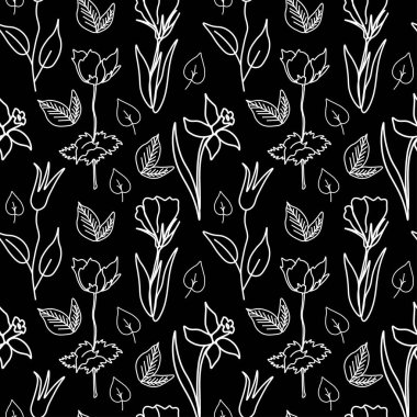 Siyah yalıtılmış elde çiçekli vektörsüz desen. Botanik, İlkbahar, Yaz, karalama tarzı beyaz çizgi baskısı. Tekstil, fabik, ambalaj kağıdı, ambalaj, web, davetiyeler için tasarım.