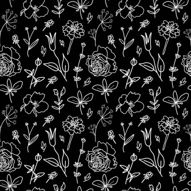 Siyah yalıtılmış elde çiçekli vektörsüz desen. Botanik, İlkbahar, Yaz, karalama tarzı beyaz çizgi baskısı. Tekstil, fabik, ambalaj kağıdı, ambalaj, web, davetiyeler için tasarım.