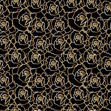 Siyah, izole edilmiş el üzerinde altın çiçekli vektörsüz desen. Botanik, İlkbahar, Yaz karalama tarzı baskı. Tekstil tasarımları, fabik, ambalaj kağıdı, davetiye..