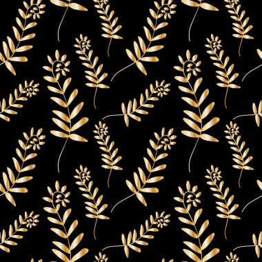 Siyah, izole edilmiş el üzerinde altın çiçekli vektörsüz desen. Botanik, İlkbahar, Yaz karalama tarzı baskı. Tekstil tasarımları, fabik, ambalaj kağıdı, davetiye..