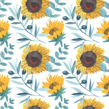 Sarı ayçiçeği ve turkuaz yapraklı suluboya deseni. Beyaz izole edilmiş arka planda çiçekli botanik deseni. Tekstil tasarımları, ambalaj kağıtları, davetiyeler..