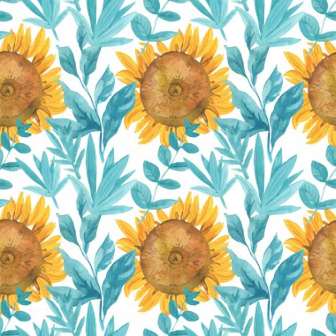 Sarı ayçiçeği ve turkuaz yapraklı suluboya deseni. Beyaz izole edilmiş arka planda çiçekli botanik deseni. Tekstil tasarımları, ambalaj kağıtları, davetiyeler..