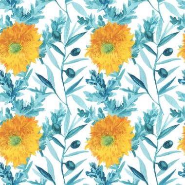 Sarı ayçiçeği ve turkuaz yapraklı suluboya deseni. Beyaz izole edilmiş arka planda çiçekli botanik deseni. Tekstil tasarımları, ambalaj kağıtları, davetiyeler..
