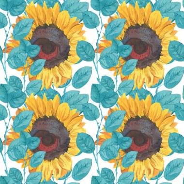 Sarı ayçiçeği ve turkuaz yapraklı suluboya deseni. Beyaz izole edilmiş arka planda çiçekli botanik deseni. Tekstil tasarımları, ambalaj kağıtları, davetiyeler..