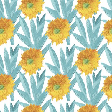 Sarı ayçiçeği ve turkuaz yapraklı suluboya deseni. Beyaz izole edilmiş arka planda çiçekli botanik deseni. Tekstil tasarımları, ambalaj kağıtları, davetiyeler..