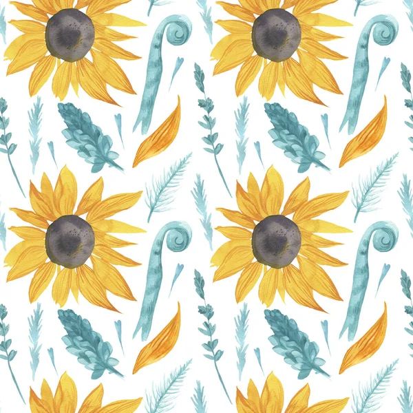 Watercolor Seamless Pattern Yellow Sunflowers Turquoise Leaves Botanical Print Flowers — Stock Photo, Image