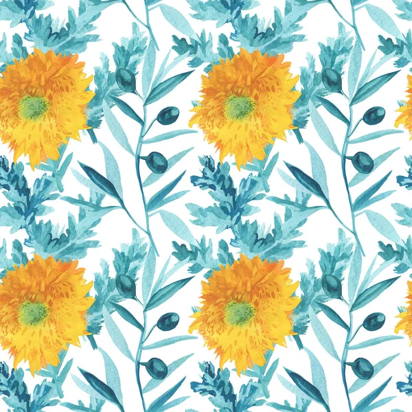 Waterverf Naadloos Patroon Met Gele Zonnebloemen Turquoise Bladeren Botanische Print — Stockfoto