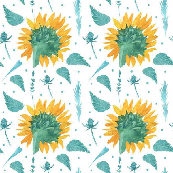 Watercolor Seamless Pattern Yellow Sunflowers Turquoise Leaves Botanical Print Flowers — Stock Photo, Image