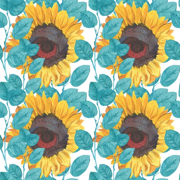 Watercolor Seamless Pattern Yellow Sunflowers Turquoise Leaves Botanical Print Flowers — Stock Photo, Image