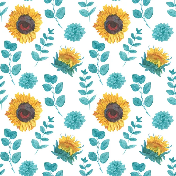 Watercolor Seamless Pattern Yellow Sunflowers Turquoise Leaves Botanical Print Flowers — Stock Photo, Image