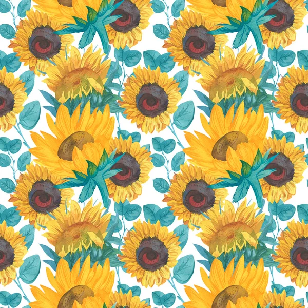 Watercolor Seamless Pattern Yellow Sunflowers Turquoise Leaves Botanical Print Flowers — Stock Photo, Image