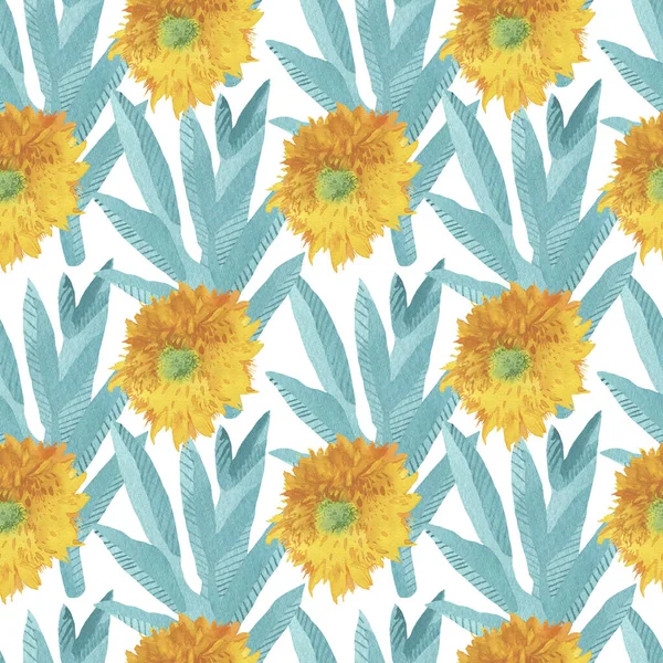 Watercolor Seamless Pattern Yellow Sunflowers Turquoise Leaves Botanical Print Flowers — Stock Photo, Image