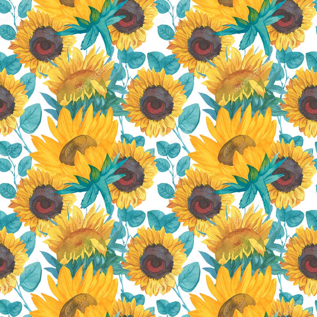Watercolor seamless pattern with yellow sunflowers and turquoise leaves.Botanical print with flowers on white isolated hand drawn background.Designs for textiles,wrapping paper,packaging,invitations.